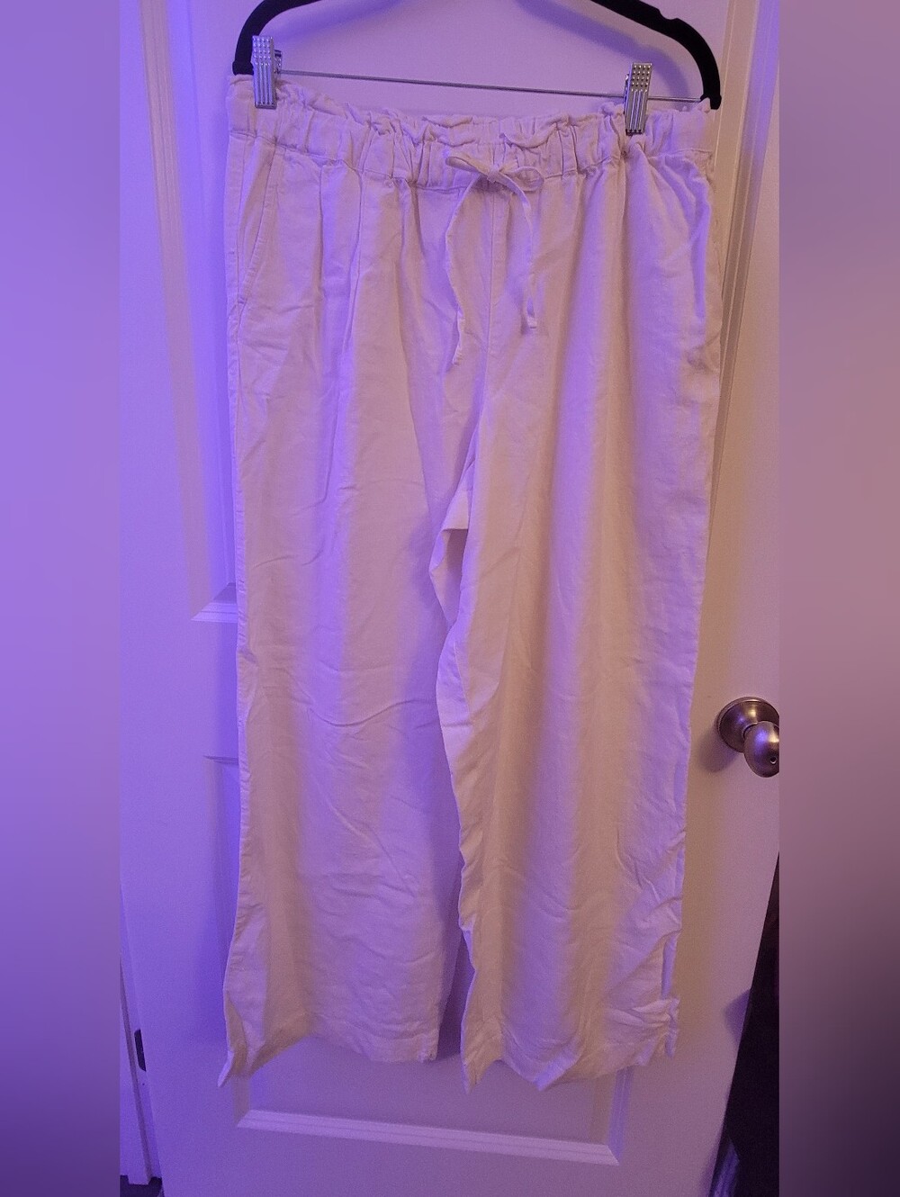 Light Beige/cream  Drawstring Women's Wide Leg Linen Blend Pants Size M